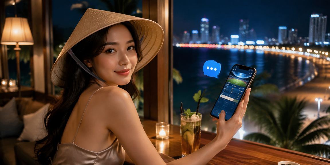Người phụ nữ Nha Trang đội nón lá kiểm tra lịch thi đấu thể thao và kèo cược trực tuyến trên điện thoại